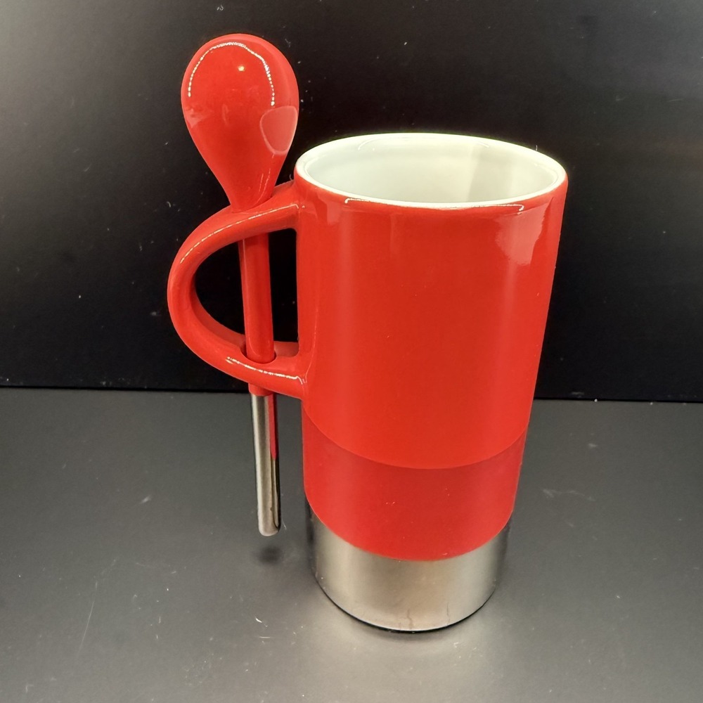 Starbucks 2014 Verismo Red Ceramic Mug 8oz Stainless Steel Base Spoon Holder